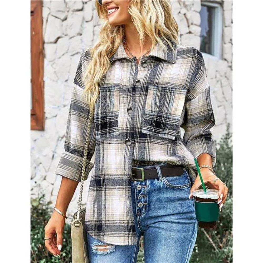 Navy Plaid Printed Flannel Button Up Shacket‎ Jacket Coat Thick Long Sleeve Top - Picture 3 of 6
